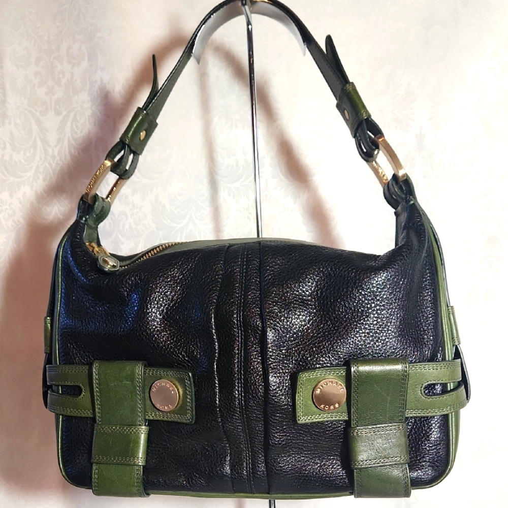 Michael Kors Green and Black Leather Shoulder Bag With Gold Hardware